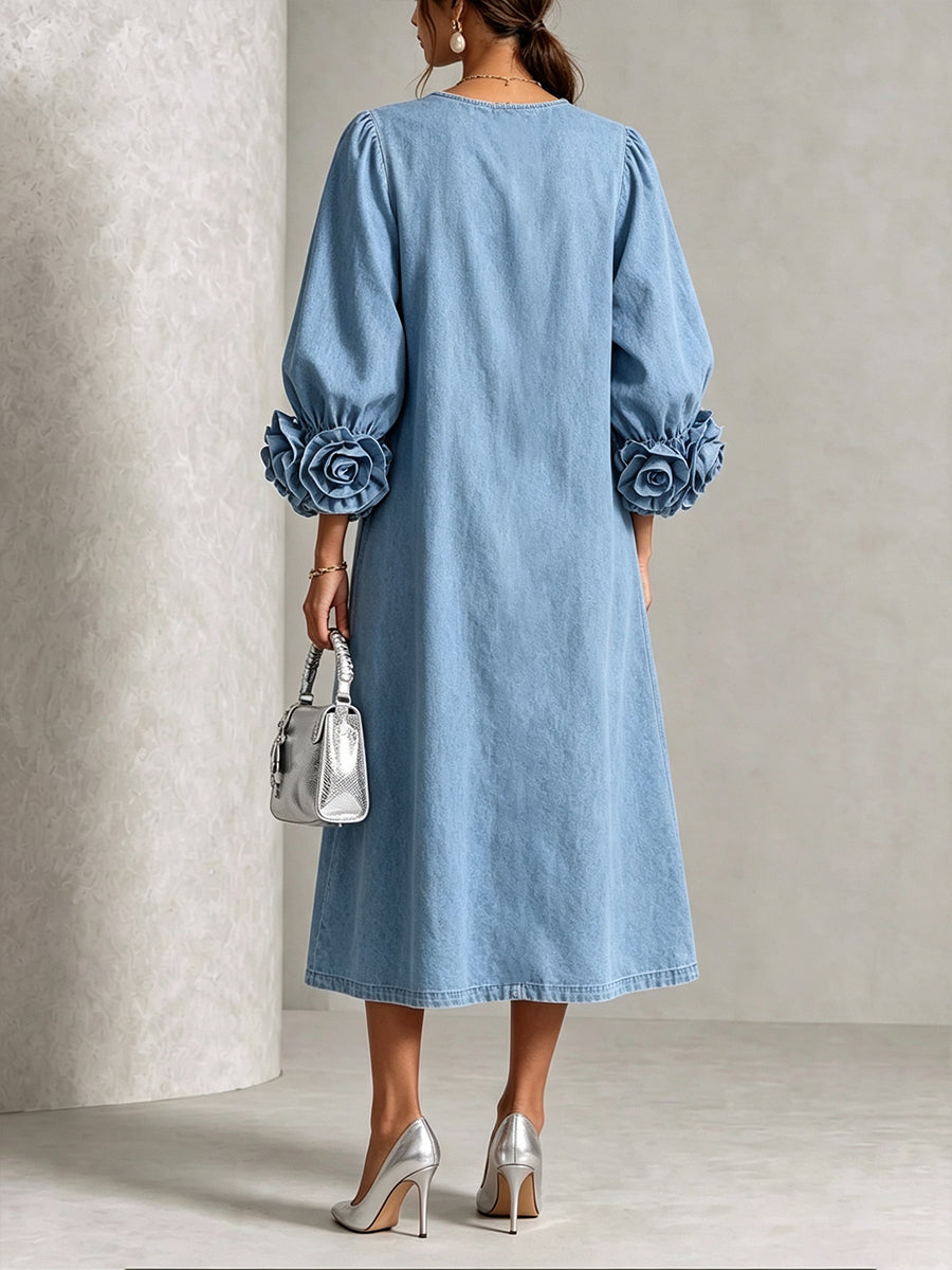 💛Chic Chambray Denim 3D Rosette Sleeve Midi Dress
