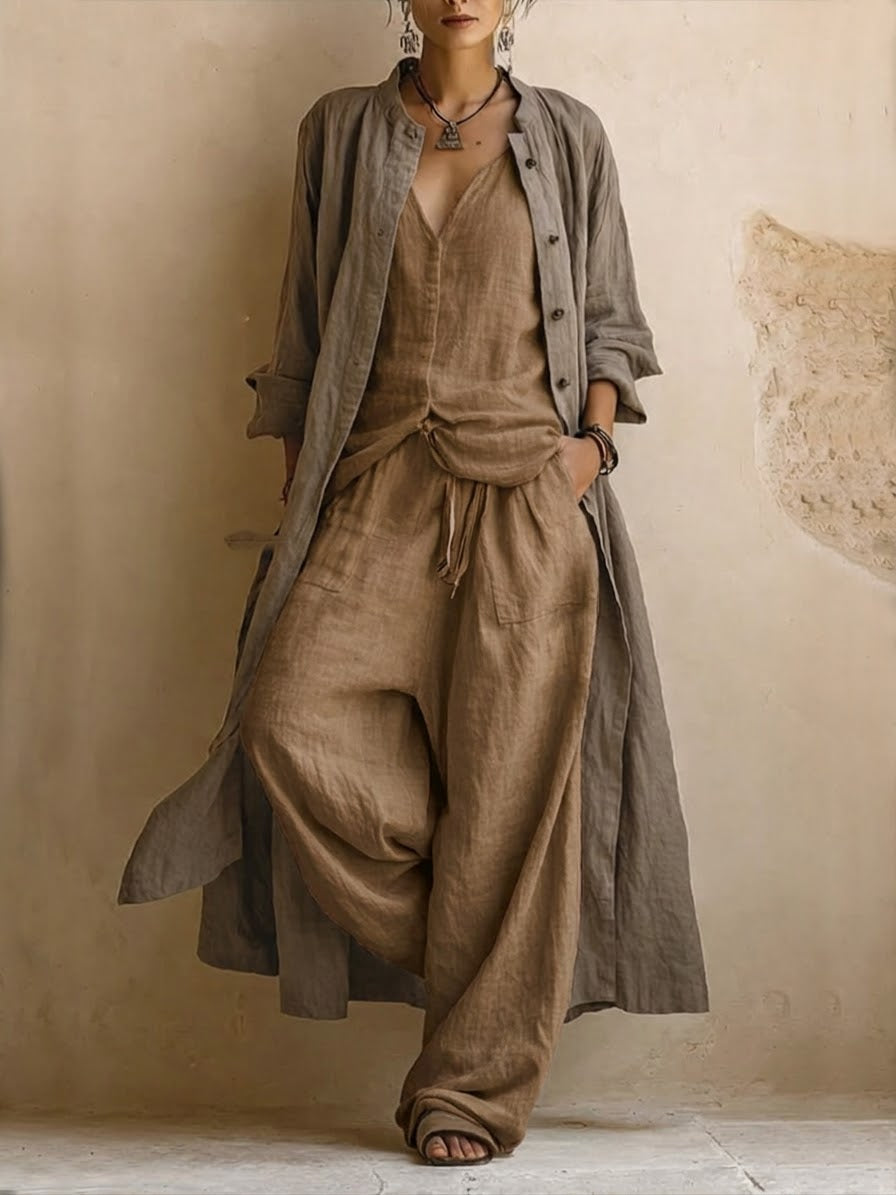 Conjunto 3 piezas estilo bohemio casual: cárdigan largo, top sin mangas y pantalón de lino y algodón