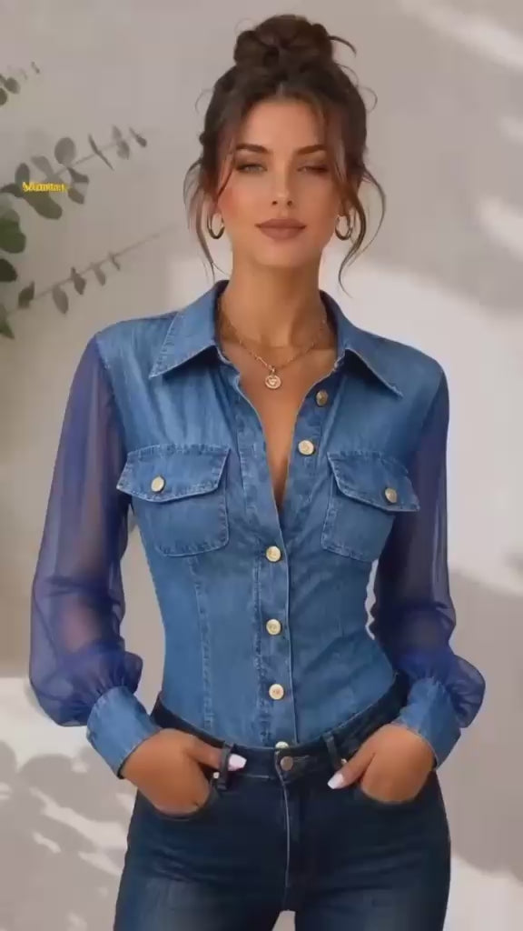 🍃 Blusa Casual de Manga Larga con Parche de Denim 🍂