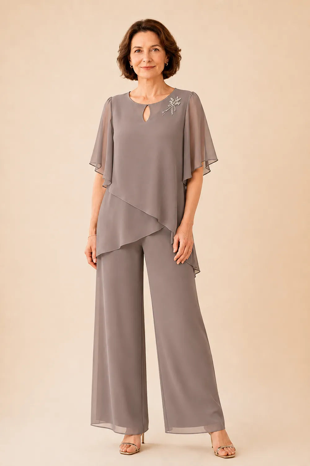 Conjunto de Pantalón con Gasa y Escote de Ojo de Cerradura Bordado