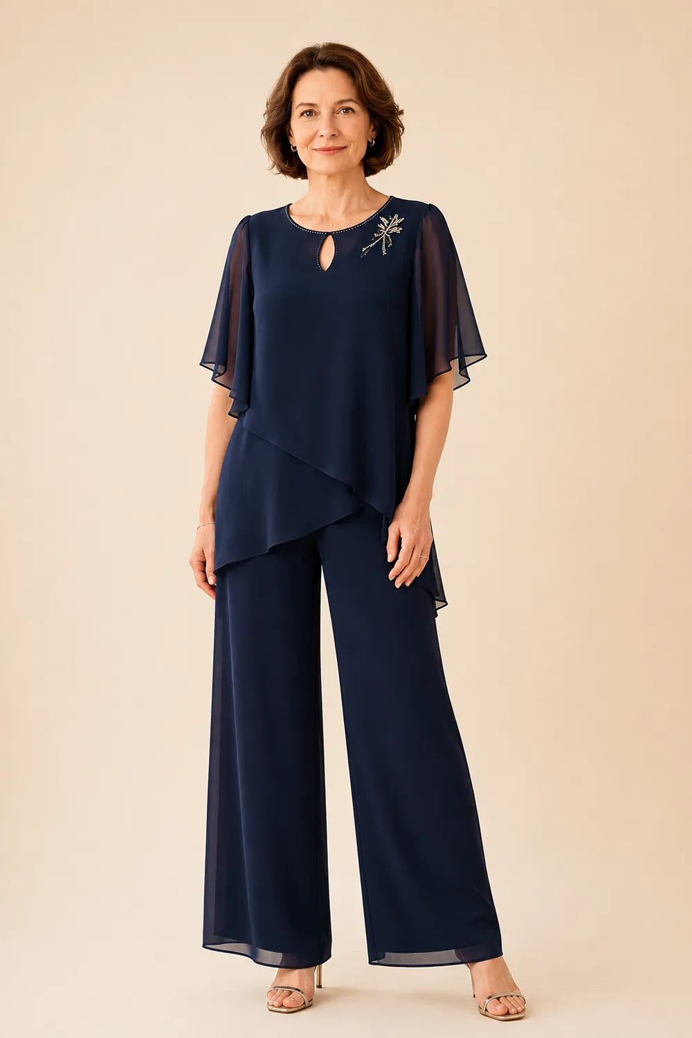 Conjunto de Pantalón con Gasa y Escote de Ojo de Cerradura Bordado