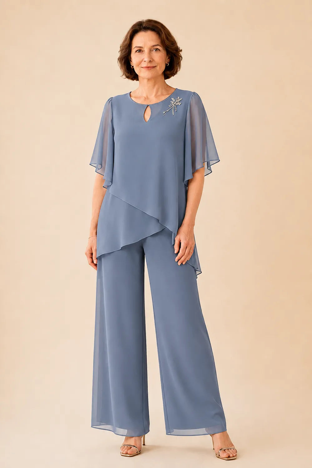 Conjunto de Pantalón con Gasa y Escote de Ojo de Cerradura Bordado