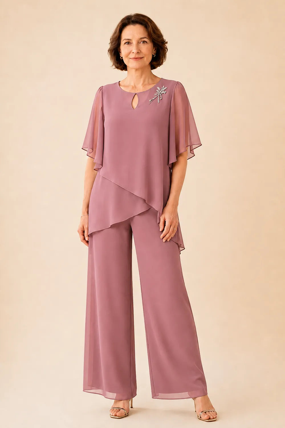Conjunto de Pantalón con Gasa y Escote de Ojo de Cerradura Bordado