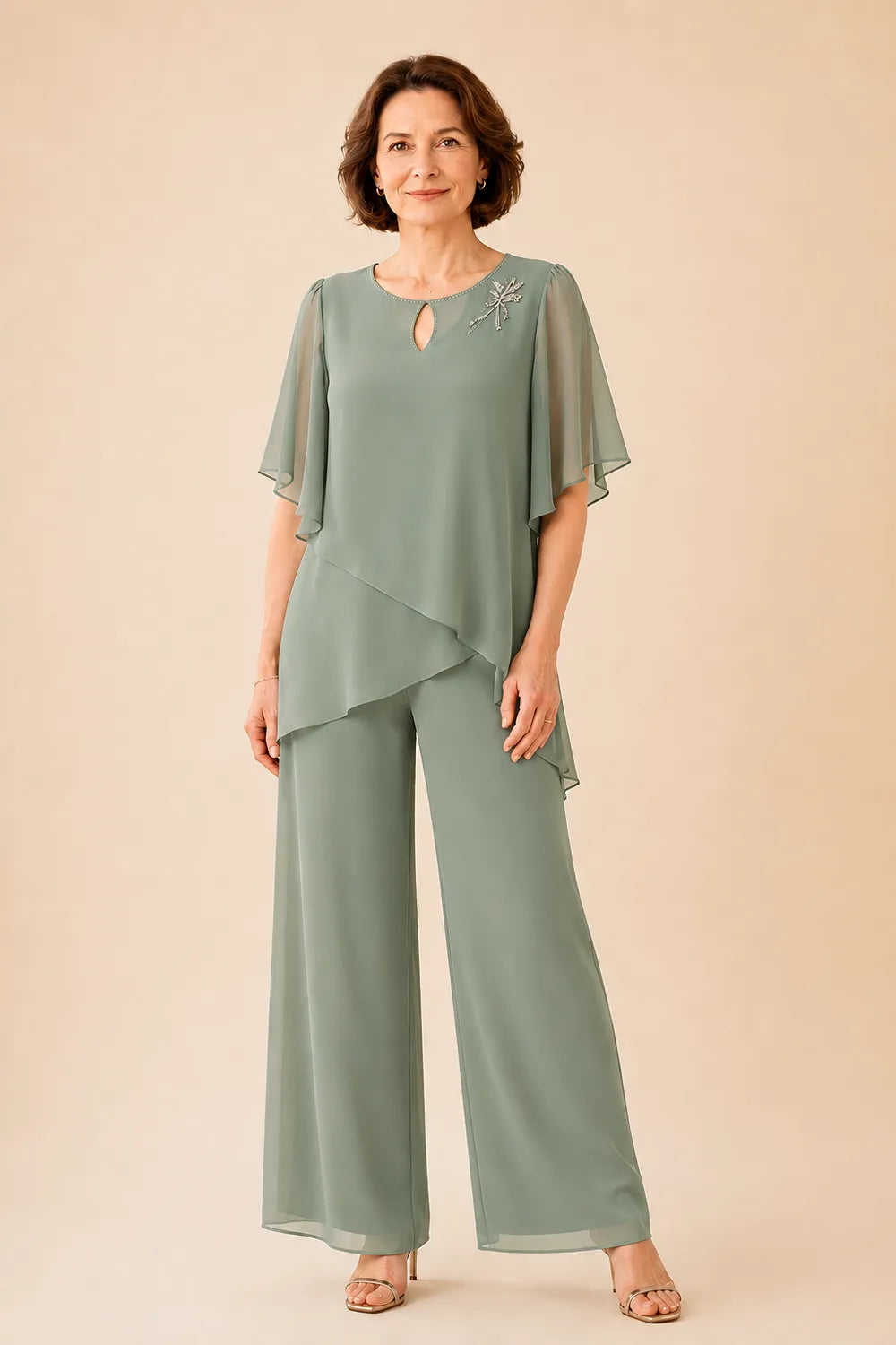 Conjunto de Pantalón con Gasa y Escote de Ojo de Cerradura Bordado