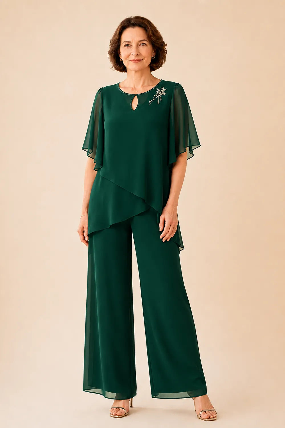Conjunto de Pantalón con Gasa y Escote de Ojo de Cerradura Bordado