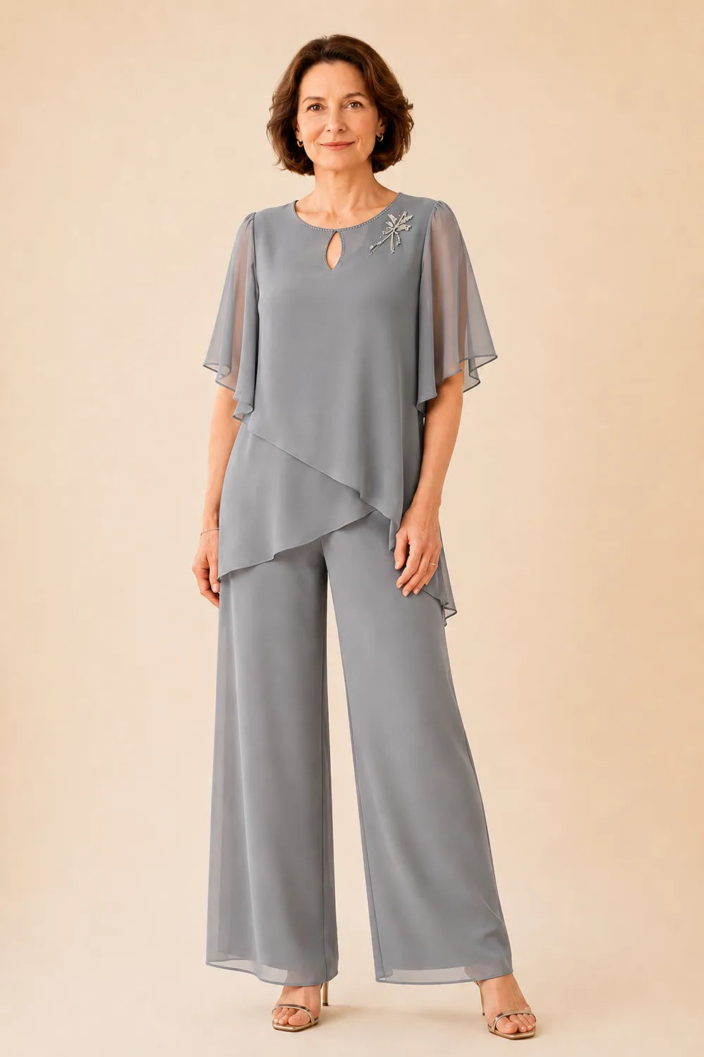 Conjunto de Pantalón con Gasa y Escote de Ojo de Cerradura Bordado