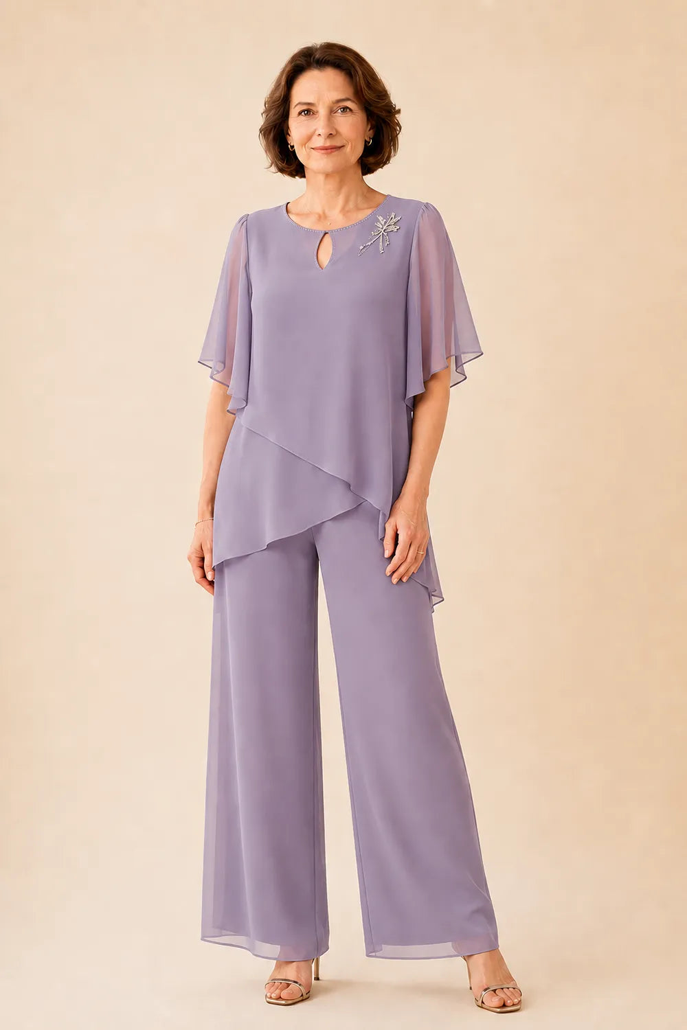 Conjunto de Pantalón con Gasa y Escote de Ojo de Cerradura Bordado