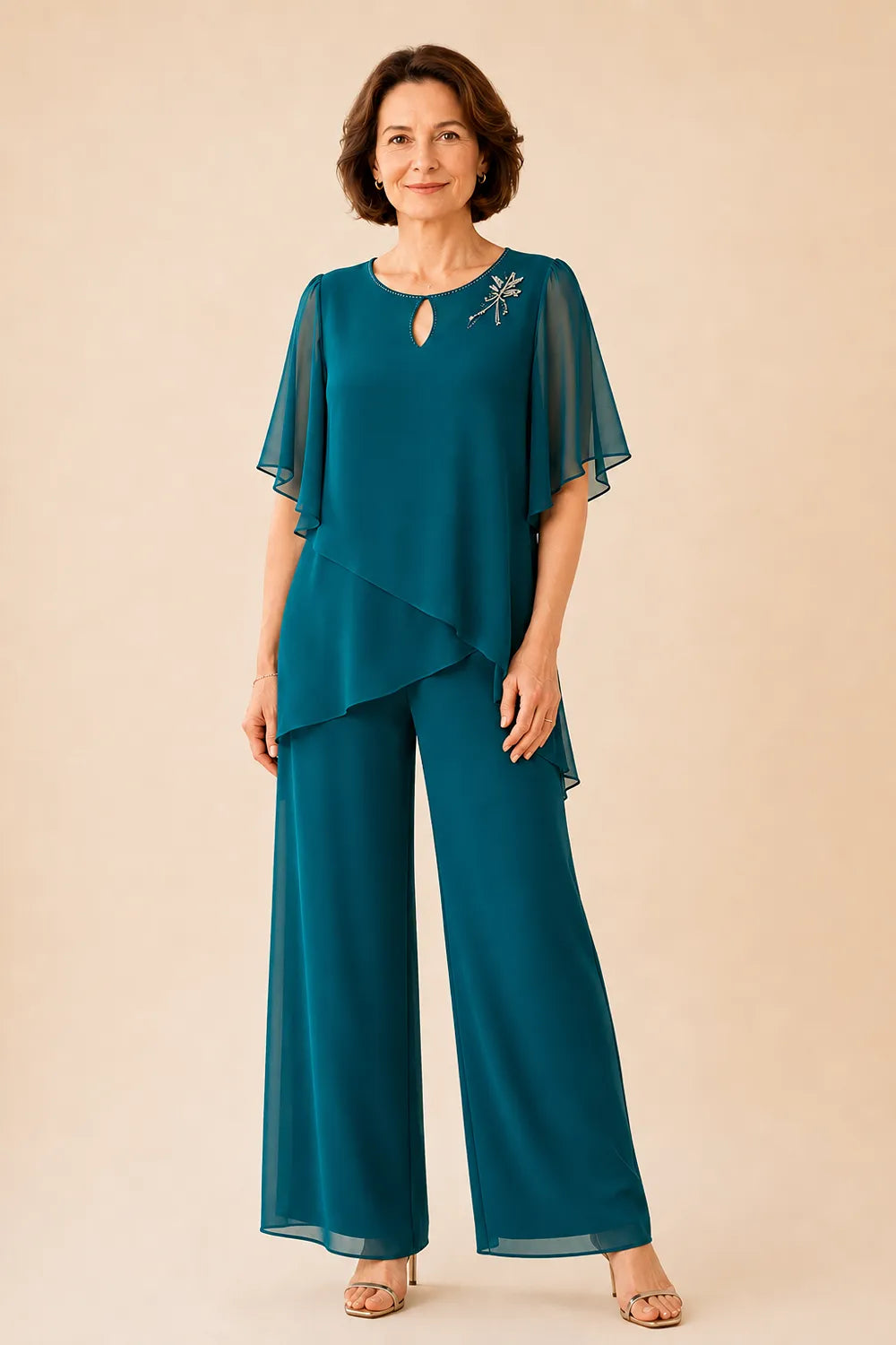 Conjunto de Pantalón con Gasa y Escote de Ojo de Cerradura Bordado