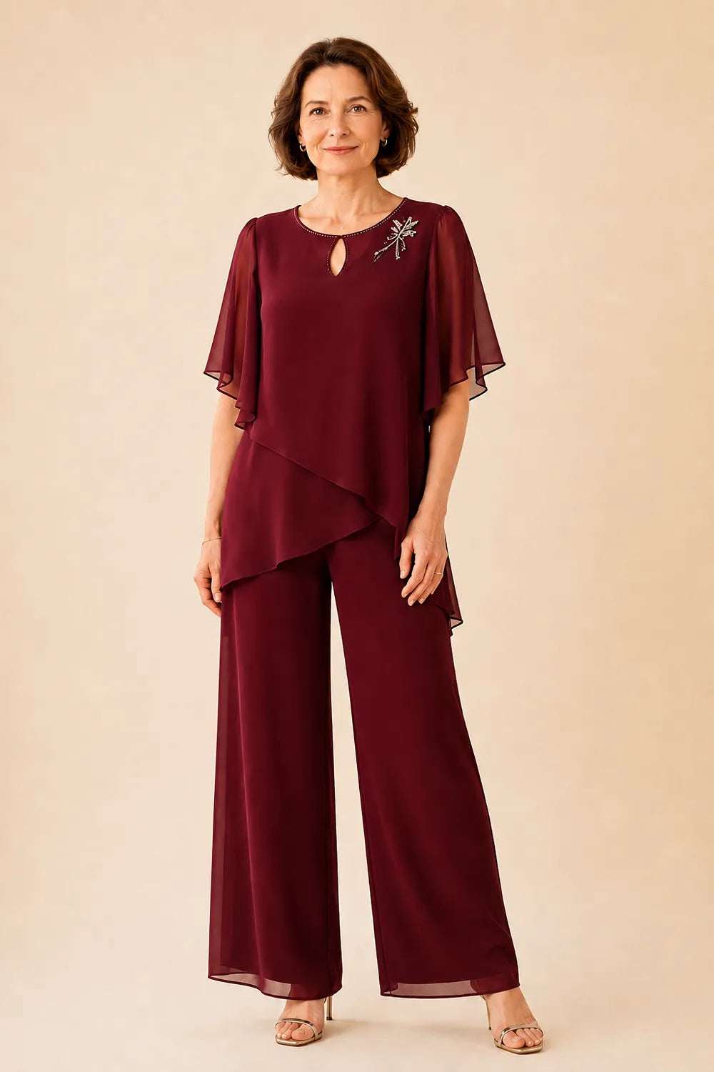 Conjunto de Pantalón con Gasa y Escote de Ojo de Cerradura Bordado
