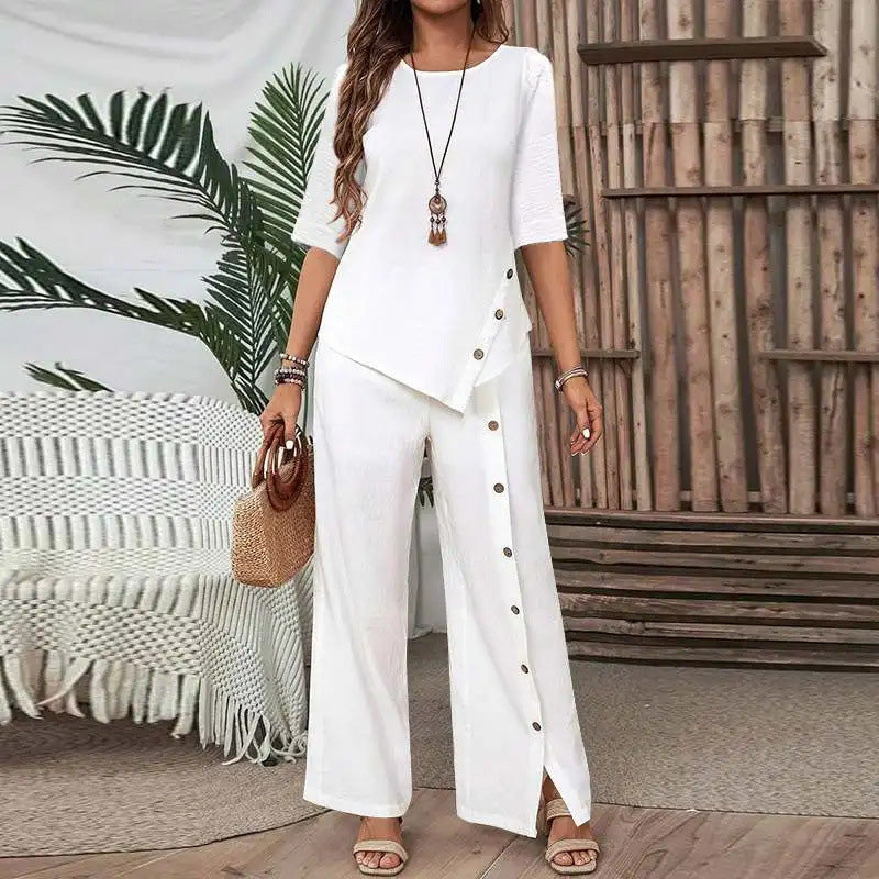 ⏳Oferta por Tiempo Limitado⏰ Conjunto de Dos Piezas para Mujer: Top con Dobladillo Irregular y Pantalón de Pierna Ancha