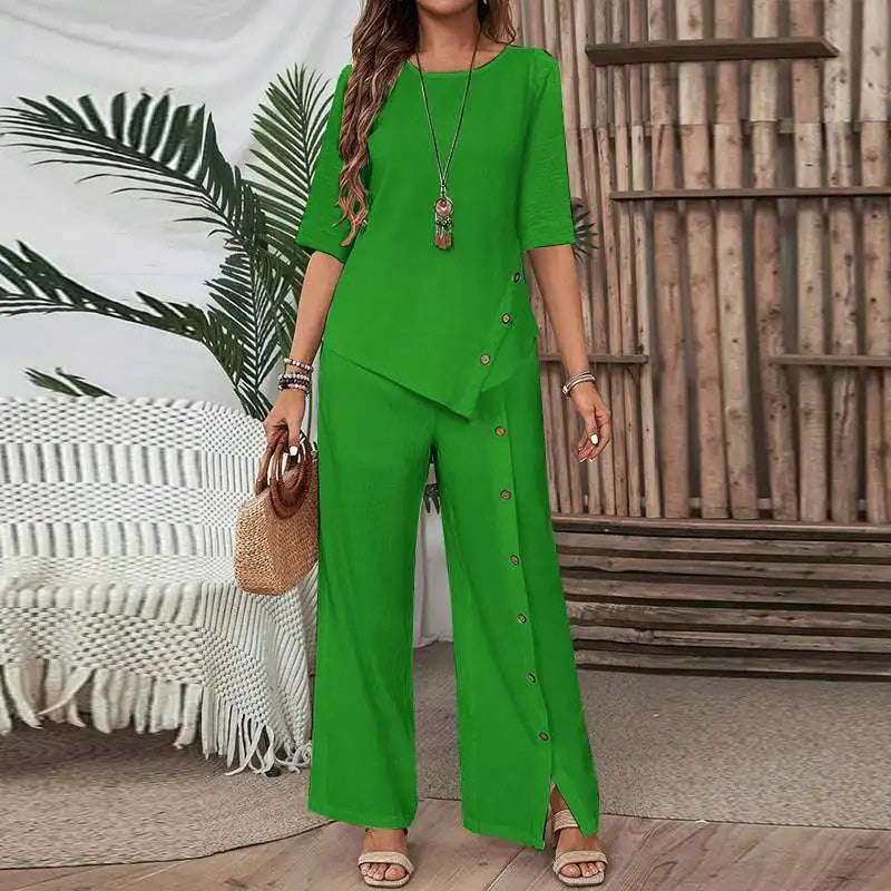 ⏳Oferta por Tiempo Limitado⏰ Conjunto de Dos Piezas para Mujer: Top con Dobladillo Irregular y Pantalón de Pierna Ancha