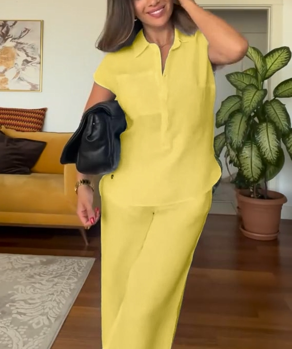 🌷Último día 50% DE DESCUENTO🔥 Conjunto de Dos Piezas para Mujer: Camisa Casual de Lino y Pantalón de Pierna Ancha (Compra 2 y Envío Gratis)